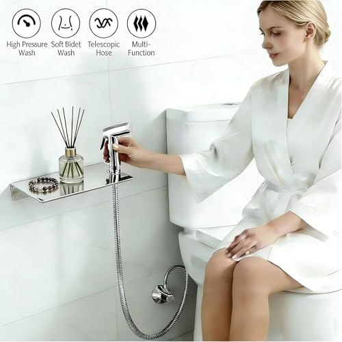 Handheld Bidet Sprayer for Toilet & Muslim Shower Kit with Storage Shelf, Brass T-Valve, Adjustable Pressure, No Drip, Easy Install, Feminine Care, Diaper & Pet Wash, Ceruleanix