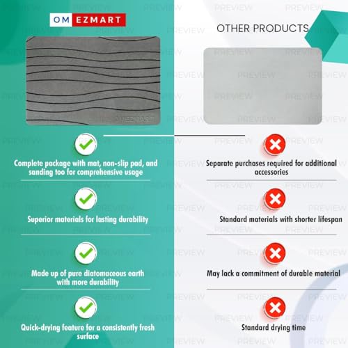 Diatomaceous Earth Stone Bath Mat – Quick Dry, Non-Slip, Super Absorbent & Easy to Clean – Eco-Friendly Hard Bathroom Mat for Floor – Minimalist & Anti-Mld Design (Light Grey)