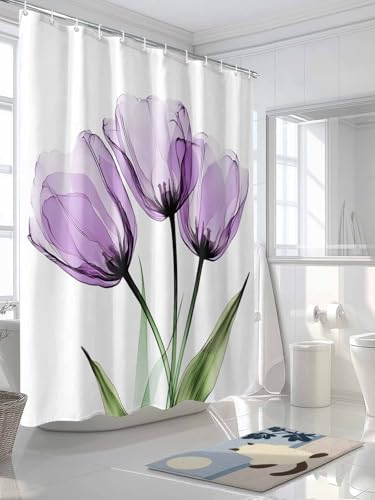 Waterproof Fabric Shower Curtain Purple Tulip Abstract Flower Shower Curtains for Bathroom, Quick-Drying, Machine Washable 72x72 Inch - color: Purple Green, size: 72"W x 72"L (Pack of 1)