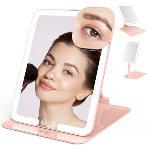 Mocado Travel Makeup Mirror with Light, Foldable Lighted Makeup Mirror | 8x6 Inches, 3 Colors Lighting, Height & Angle Adjustable, 0-100% Brightness, 2000mAh Rechargeable, Memory Function(Pink) - color: Pink, size: 8"L x 6"W