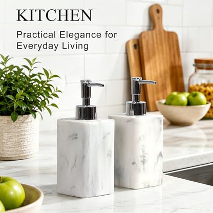 2 pcs Hand Soap Dispenser Set, 11oz Refillable Resin Liquid Soap Dispensers with Rustproof Pump, Lotion Dispenser Includes Silicone Funnel for Bathroom Countertop or Kitchen, Marble-Effect - color: Marble White