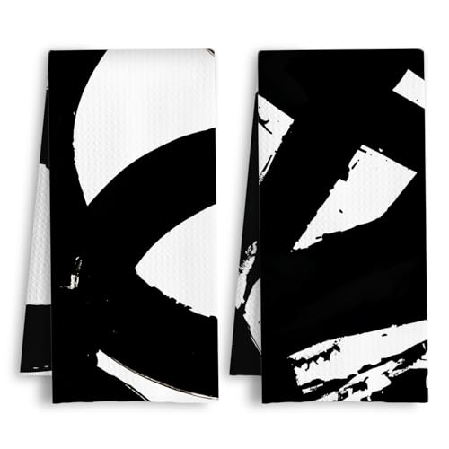 Abstract Black and White Kitchen Towels, Boho Abstract Minimalist Dish Tea Towels, Boho Mid Century Modern Decorative Hand Towel for Bathroom Kitchen, 16x24 Inch Set of 2 - color: Black White