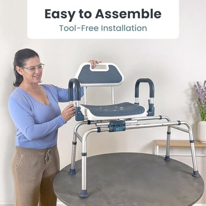 Sliding Shower Chair Tub Transfer Bench with Swivel Seat, Shower Bench for Elderly and Disabled, with Security Belt, 360 Rotation, Slides and Rotates, Adjustable,one Touch Slide Button, Dark Blue - color: Dark Blue