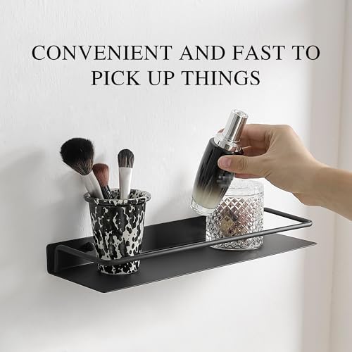 RFOUO 8 Inch Small Metal Wall Shelf with Guard Rail,Black,1 Pack | Small Bathroom Shelf, Wall Mounted, Aluminum Floating Shelf, For Toothbrush Perfume Spice,Bathroom Bedroom Kitchen - color: Black, size: 8Inch