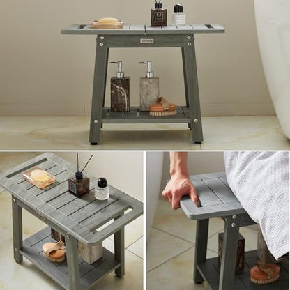 Large Shower Bench, Heavy Duty HDPS Shower Stool for Inside Shower, 2 Tier Shower Chair Seat with Shelf for Bath, Waterproof Shower Foot Rest for Shaving Legs with Adjustable Feet, Gray - color: Oil-printed Gray