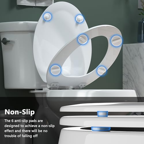 Elongated Toilet Seat Angol Shiold Quiet-Close Molded Wood Toilet Seat with Non-Slip Adjustable Hinges, Anti-Pinch Bumpers, Easy Install & Clean（White, Elongated 18.5''） - color: White, size: Elongated 18.5‘’