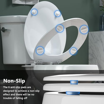 Elongated Toilet Seat Angol Shiold Quiet-Close Molded Wood Toilet Seat with Non-Slip Adjustable Hinges, Anti-Pinch Bumpers, Easy Install & Clean（White, Elongated 18.5''） - color: White, size: Elongated 18.5‘’