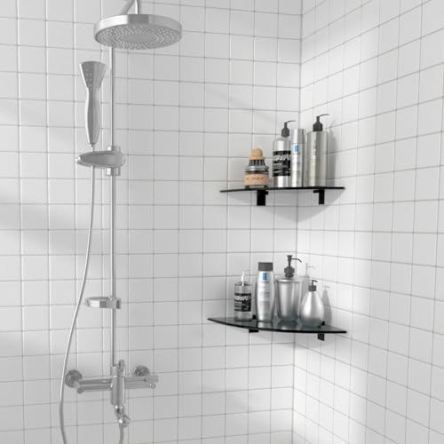 Bakzon 2-Pack Glass Shelf Shower Caddie, Shower Shelves for Inside Shower, Drilling Free Adhesive Wall Mounted Bathroom Organizer Shelves with Aluminium Brackets, Black - color: Black