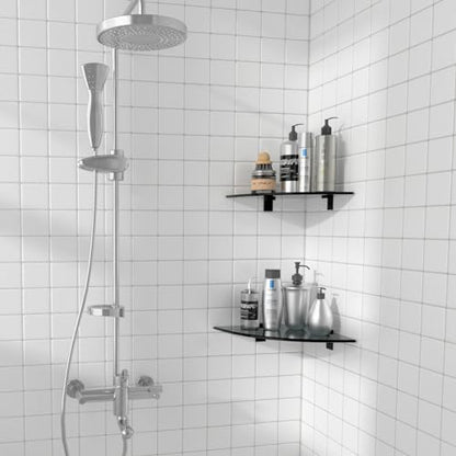 Bakzon 2-Pack Glass Shelf Shower Caddie, Shower Shelves for Inside Shower, Drilling Free Adhesive Wall Mounted Bathroom Organizer Shelves with Aluminium Brackets, Black - color: Black