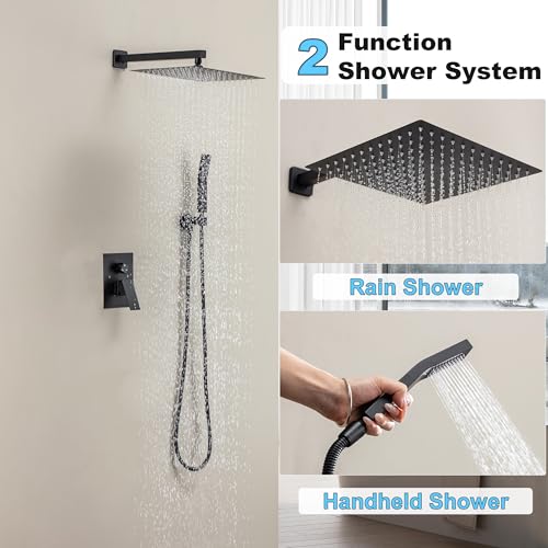 Matte Black Shower System with 12-Inch Rain Showerhead and Handheld | Innovative air-injection technology for low pressure, high-flow rate up to 3.22 GPM ensuring powerful consistent stream - color: Matte Black, style: 12"-Without Tub Spout