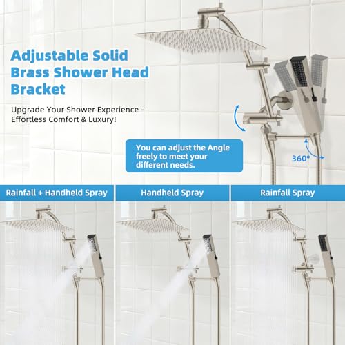Hibbent All Metal CUPC Certified 10'' Rainfall Shower Head, Dual Shower Head Combo, High Pressure Handheld 4 Sprays Shower Wand, 16'' Adjustable Extension Arm, 71'' Hose, Shower Holder, Brushed Nickel - color: Brushed Nickel, style: Square 10''