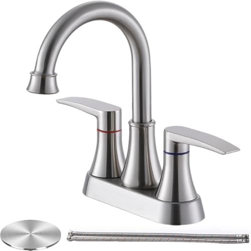 Brushed Nickel Bathroom Faucet, 2-Handle Lead-Free 360° Swivel High-Arc Spout 4 Inch Centerset Bath Lavatory Vanity Sink Faucets Set for Sinks with Drain & Water Hoses, VABM80008L - color: Brushed Nickel