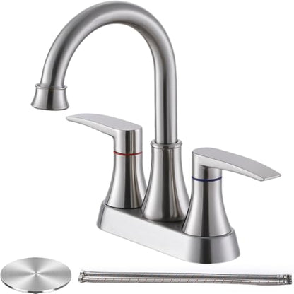 Brushed Nickel Bathroom Faucet, 2-Handle Lead-Free 360° Swivel High-Arc Spout 4 Inch Centerset Bath Lavatory Vanity Sink Faucets Set for Sinks with Drain & Water Hoses, VABM80008L - color: Brushed Nickel