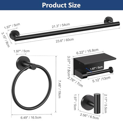 TQKAG Bathroom Hardware Set Black, 5 Piece Bathroom Towel Bar Holder Sets | SUS304 Stainless Steel, 23.6" Toilet Paper Holder with Shelf, Towel Racks for Bathroom Wall Mounted, Matt Black Towel Bars - color: Matte Black, size: 5-Pieces Set-A