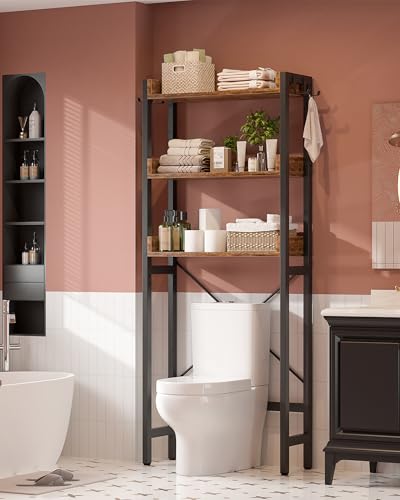 Ecoprsio Over-The-Toilet Storage Rack, 3-Tier Bathroom Organizer Shelf Over Toilet, Freestanding Space Saver Toilet Stands with 4 Hooks, Rustic Brown - color: Rustic Brown