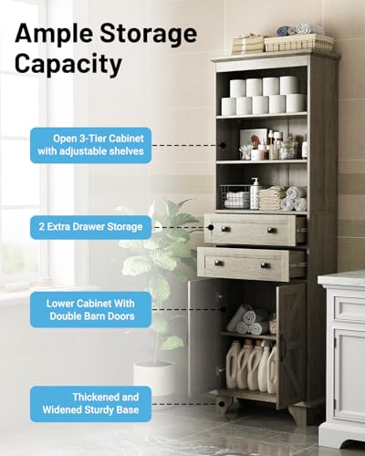 72" Farmhouse Storage Cabinet, Tall Bathroom Cabinet with 2 Drawers, Adjustable Shelves and Barn Door, Freestanding Cabinets for Bathroom, Living Room, Kitchen, Grey - color: Grey