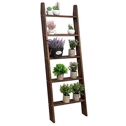Rustic 5-Tier Wall-Leaning Wood Loadder Towel Racks for Bathroom Livingroom Kithen Office Woden Farmhouse Ladder-Style Blanket Rack Multipurpose Organizer Rack for Home (Brown) - color: Brown