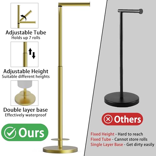 RUACQ Bathroom Toilet Paper Holder Stand with Storage, Gold | Free Standing Toilet Roll Holder, Height Adjustable, Holds 6 Reserve Rolls, Weighted Base, 304 Stainless Steel Rustproof - color: Gold