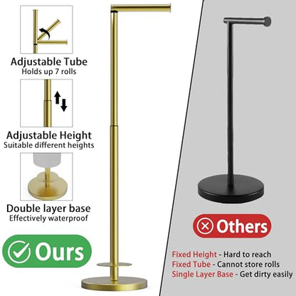 RUACQ Bathroom Toilet Paper Holder Stand with Storage, Gold | Free Standing Toilet Roll Holder, Height Adjustable, Holds 6 Reserve Rolls, Weighted Base, 304 Stainless Steel Rustproof - color: Gold