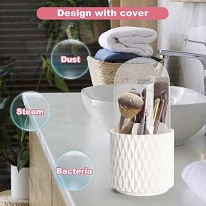 Makeup Brush Holder Organizer with Lid -360° Rotating Dustproof Make Up Brushes Container with Clear Acrylic Cover, Spinning Cosmetics Holders Storage Cup with 5 Compartment - color: White+Lid