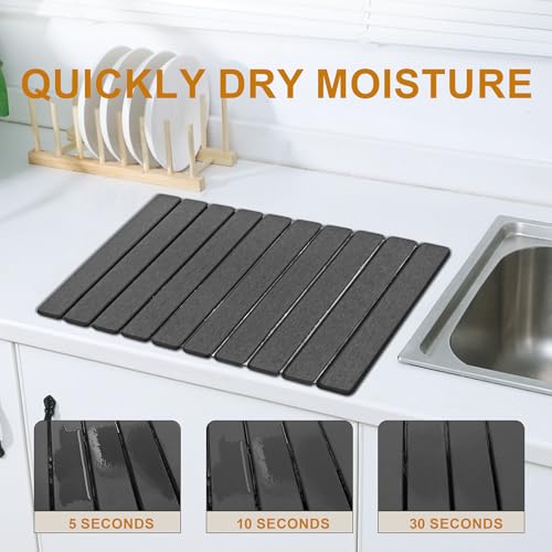 Large Stone Dish Drying Mat for Kitchen Counter, 24"×16" Quick Dry Collapsible Diatomaceous Earth Mat – Super Absorbent Foldable Drying Pad for Dishes (Dark Gray, 23.2" x 15.4") - color: Dark Gray