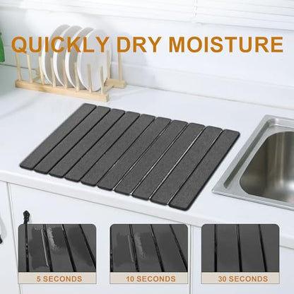 Large Stone Dish Drying Mat for Kitchen Counter, 24"×16" Quick Dry Collapsible Diatomaceous Earth Mat – Super Absorbent Foldable Drying Pad for Dishes (Dark Gray, 23.2" x 15.4") - color: Dark Gray