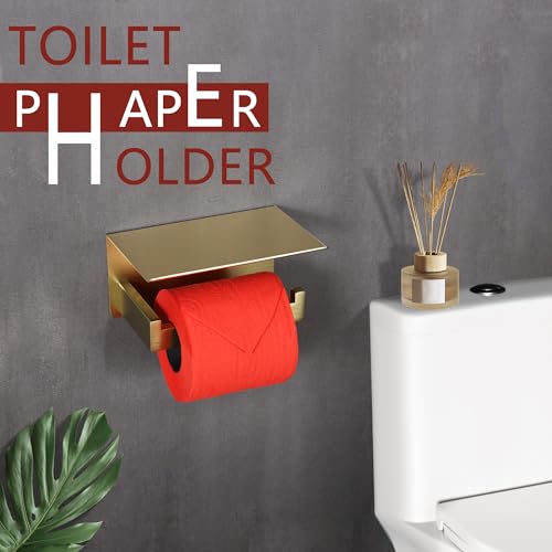 LANC Gold Toilet Paper Holder with Shelf, Toilet Paper Roll Holder with Phone Shelf for Bathroom Wall Mounted, 304 Stainless Steel Toilet Tissue Holder, Brushed Gold, A8367BG - color: Brushed Gold, size: Right