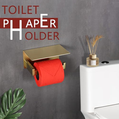 LANC Gold Toilet Paper Holder with Shelf, Toilet Paper Roll Holder with Phone Shelf for Bathroom Wall Mounted, 304 Stainless Steel Toilet Tissue Holder, Brushed Gold, A8367BG - color: Brushed Gold, size: Right