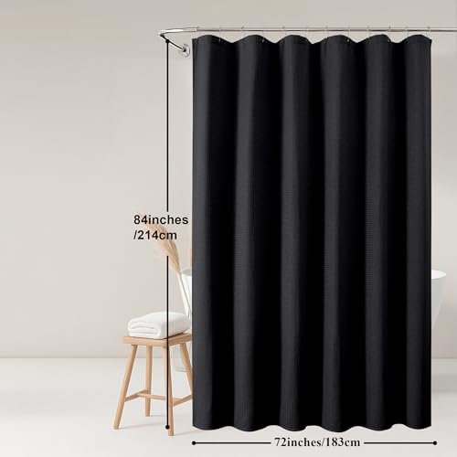 Black Shower Curtain 84 Inches Extra Long, Waffle Weave Heavy Fabric Shower Curtain for Bathroom, Waterproof Soft Hotel Spa Luxury Elegant Bath Curtains, Machine Washable, Black, 72x84 Inch - color: Black, size: 72"W x 84"L (Pack of 1)