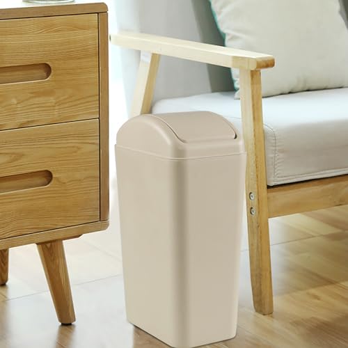 Obstnny 3.2 Gallon Slim Plastic Trash Can for Narrow Spaces, Khaki, 14L | Swing Lid Garbage Can Use at Home or Office