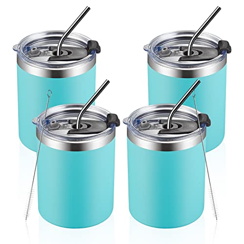 MEWAY 12 oz Lowball, Tumbler Stainless Steel Double Wall Vacuum Insulated Mug with Straw and Lid, Cleaning Brush ，Durable Powder Coated Insulated Coffee Cup for Cold & Hot Drinks (Light Blue,4 pack) - color: Light Blue