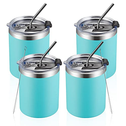 MEWAY 12 oz Lowball, Tumbler Stainless Steel Double Wall Vacuum Insulated Mug with Straw and Lid, Cleaning Brush ，Durable Powder Coated Insulated Coffee Cup for Cold & Hot Drinks (Light Blue,4 pack) - color: Light Blue