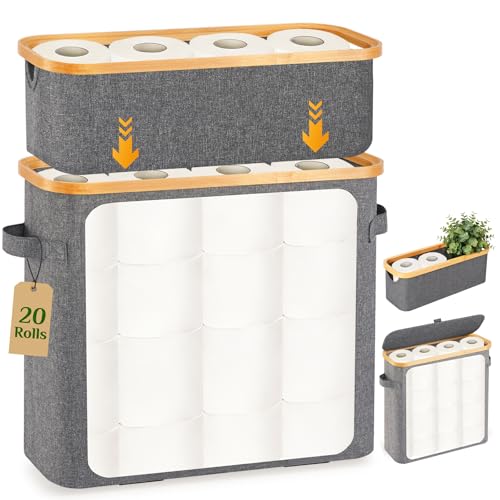 Livole Toilet Paper Storage Basket with Lid & Toilet Tank Basket | Free Standing, Large Capacity for 20 Regular Rolls or 15 Mega Rolls, Dual Handles, Clear Window, Bathroom, Grey - color: Grey