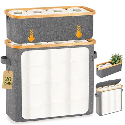 Livole Toilet Paper Storage Basket with Lid & Toilet Tank Basket | Free Standing, Large Capacity for 20 Regular Rolls or 15 Mega Rolls, Dual Handles, Clear Window, Bathroom, Grey - color: Grey