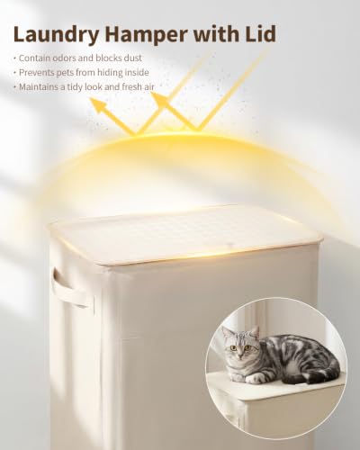85L Laundry Hamper with Lid, Large Hamper for Clothes, Off White | Foot Loop & Removable Bag Easy to Lift and Carry, Tall & Collapsible Laundry Basket for Bathroom, Bedroom, Laundry Room, Dorm - color: Beige