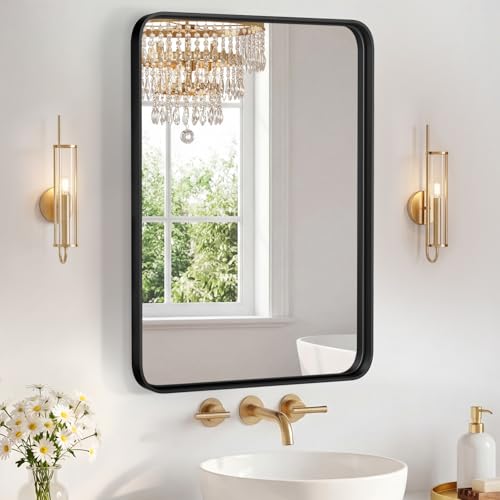 NEWBULIG 22"x30" Wall Mirror, Bathroom Mirrors for Over Sink, Black | Matte Metal Framed Vanity Mirror with Tempered Glass, Entryway, Living Room, Bedroom - color: Black-rect, size: 22"L x 30"W
