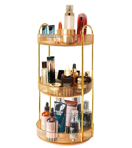 Skincare Organizers 360 Rotating, 3 Tier Round Makeup Organizer Countertop,Holder Rack Large Spinning Cosmetics Display Cases, Perfume Beauty Storage for Vanity, Countertop, Bathroom (Gold-3 Tier) - color: Amber Gold