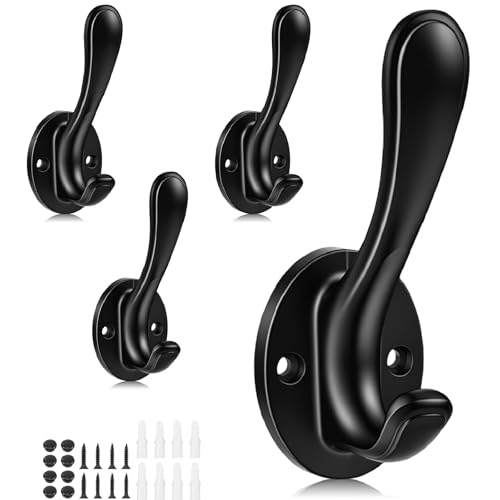 4-Pack Black Wall Hooks, Heavy Duty Metal Double Towel Hooks | Aluminum Alloy, Rust Resistant, 15 Lb Capacity, Wall Mounted, For Bathroom, Entryway, Closet Or Kitchen