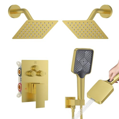 Bathtub Shower System 6-Inch Dual Overhead Rain Showers with 3-Function Handheld Showerhead & Power Jet | Complete Set with Diverter Valve (Brushed Gold)