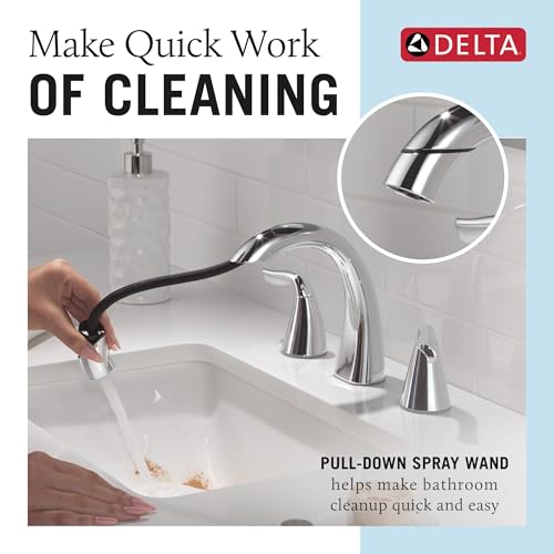 Delta Arvo Chrome Bathroom Faucet with Sprayer, 8 Inch 3 Hole Widespread Bathroom Sink Faucet with Pull Out Sprayer, Push-Pop Drain, Chrome 35840LF-PD - color: Chrome