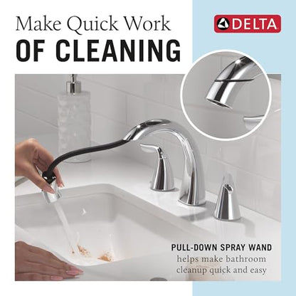 Delta Arvo Chrome Bathroom Faucet with Sprayer, 8 Inch 3 Hole Widespread Bathroom Sink Faucet with Pull Out Sprayer, Push-Pop Drain, Chrome 35840LF-PD - color: Chrome