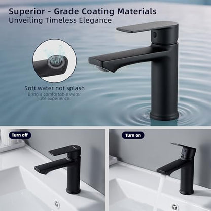 BELZ Black Bathroom Faucet, Lead-Free Single Hole Sink Faucet for Vanity | NSF372 Certified, Anti-peeling PVD Black Finish, Water-saving & Anti-splash, Single Handle Modern Design with Hot/Cold Hoses - color: Matte Black
