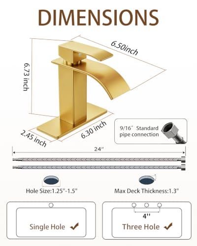 Waterfall Single Handle Bathroom Sink Faucet Gold | Vanity Faucet with Pop-up Drain, llaves para lavamanos de baño, Ceramic Valve, for 1 or 3 Hole Modern Bathrooms. - color: Gold