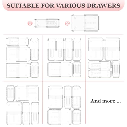 DILIBRA 12 Pcs Clear Extendable Drawer Organizer, Adjustable Drawer Storage | 2-Size Desk Drawer Organizer, Plastic Non-Slip Storage Bins for Makeup Cosmetic Jewelries Utensils Stationery Dressers Tool - size: 4Pcs Large + 8Pcs Medium