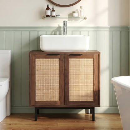 24-inch Pedestal Sink Storage Cabinet, Under Sink Cabinet (Brown) | U-Shaped Cut-Out | 2 Rattan Doors & Shelf | Solid Metal Legs - color: Brown