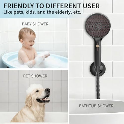 Matte Black Handheld Shower Head High Pressure with 9 Spray Settings & Power Wash Jet, 71" Extra Long Stainless Steel Hose, 360° Adjustable Dual Brackets for Low Water Pressure Home Bath - color: Matte black- 4.53 Inch