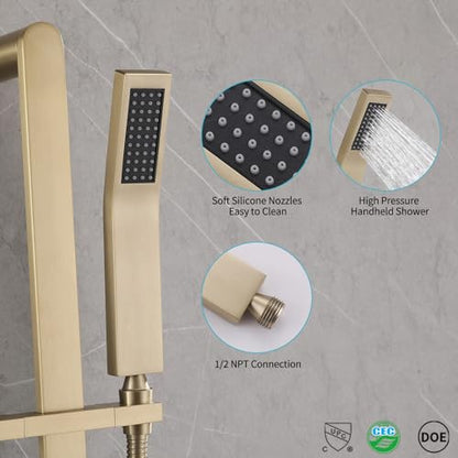 Shower Slide Bar Handheld Shower Head with Hose, Bathroom Showerhead with Handle Spray, High Pressure Shower Slide Bar Height Adjustable with 59.06 Inch Stainless Steel Hose Brushed Gold - color: Brushed Gold-Square