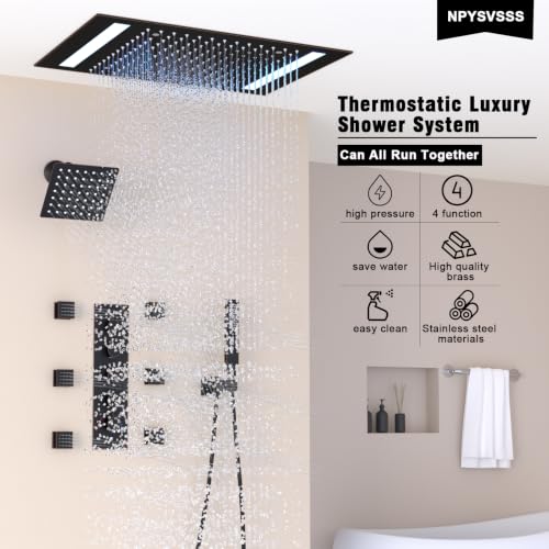 Thermostatic Shower System with 14x20 Inch Ceiling Mount LED Head & 6 Inch Wall Head and Handheld Shower 4 Function Vale with body jets, Oil Rubbed Bronz - color: Oil Rubbed Bronz, style: 14x20 led+6 jets