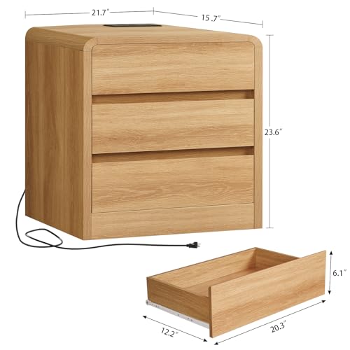 Night Stand, NightStand with 3 Storage Drawer and Charging Station, Bedside Table, Modern End Tables Wide Night Stands for Bedroom Sofa Couch Home Office, Natural - color: Unbzx026rd-zf