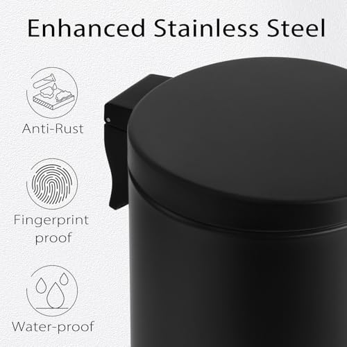 TIPGO Small Bathroom Trash Can with Lid Soft Close, 1.2 Gal, Matte Black | Hands-Free Step Pedal, Removable Inner Bucket, 4.5 Liters, Round Stainless Steel Garbage Can for Bedroom, Office, Kitchen - color: Matte Black